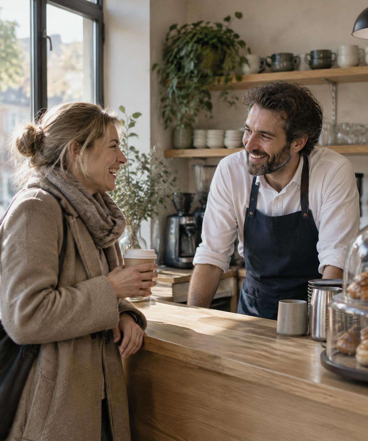 Caféägare i förkläde hälsar en återkommande kund välkommen vid disken